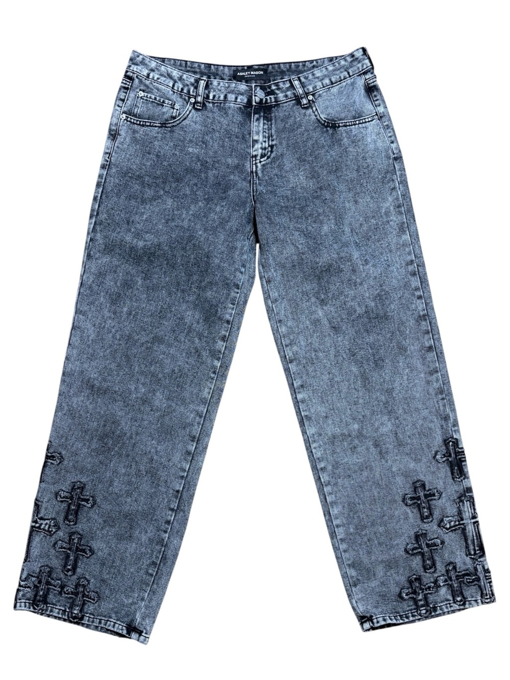 Ashley Mason Cross Accent Black Acid Wash Wide Leg Jeans Sz 13/31